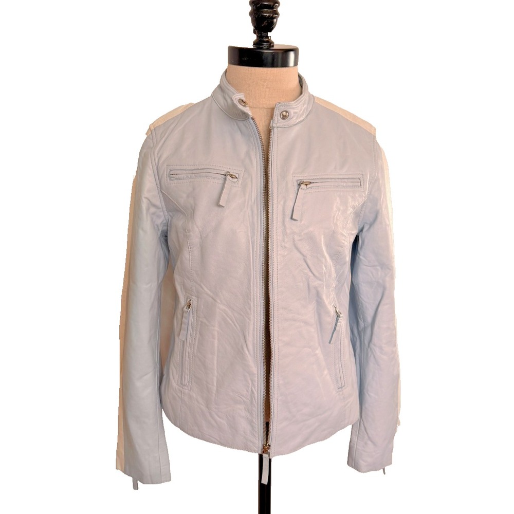 C'est Fini Womens Powder Blue Leather Racing‎ Moto Jacket Lightweight S